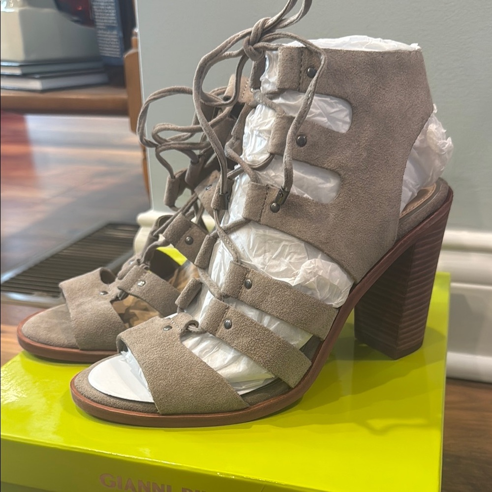 Gianni Bini Tan Heeled Sandals with Lace-Up Design